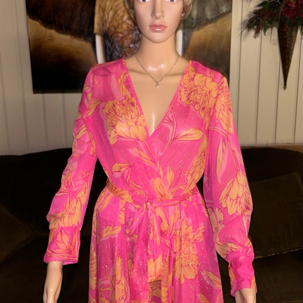Alexa B Nites ~ Size 8 ~ Pink/Orange ~ Floral ~ Silver Metallic Thread ~ Dress - Picture 6 of 14